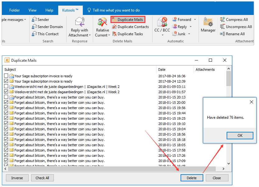 delete duplicate emails in outlook 2010